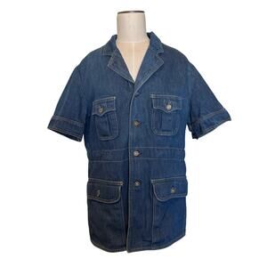 70s Vintage LEE Denim Jacket Womens L-R Bush Safari Jean Short Sleeve Tie Waist